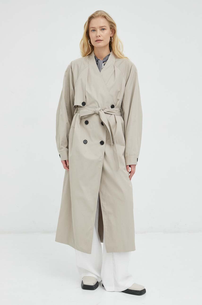 E-shop Kabát Gestuz dámský, béžová barva, přechodný, dvouřadový