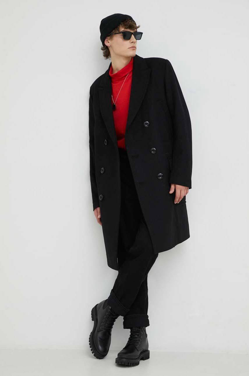Levně Vlněný kabát G-Star Raw černá barva, přechodný, dvouřadový