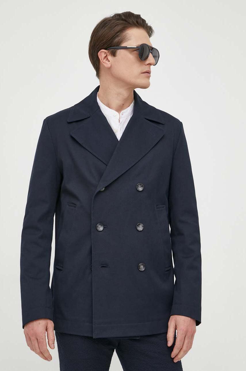 Kabát BOSS pánský, tmavomodrá barva, přechodný, dvouřadový - námořnická modř -  Hlavní materiál