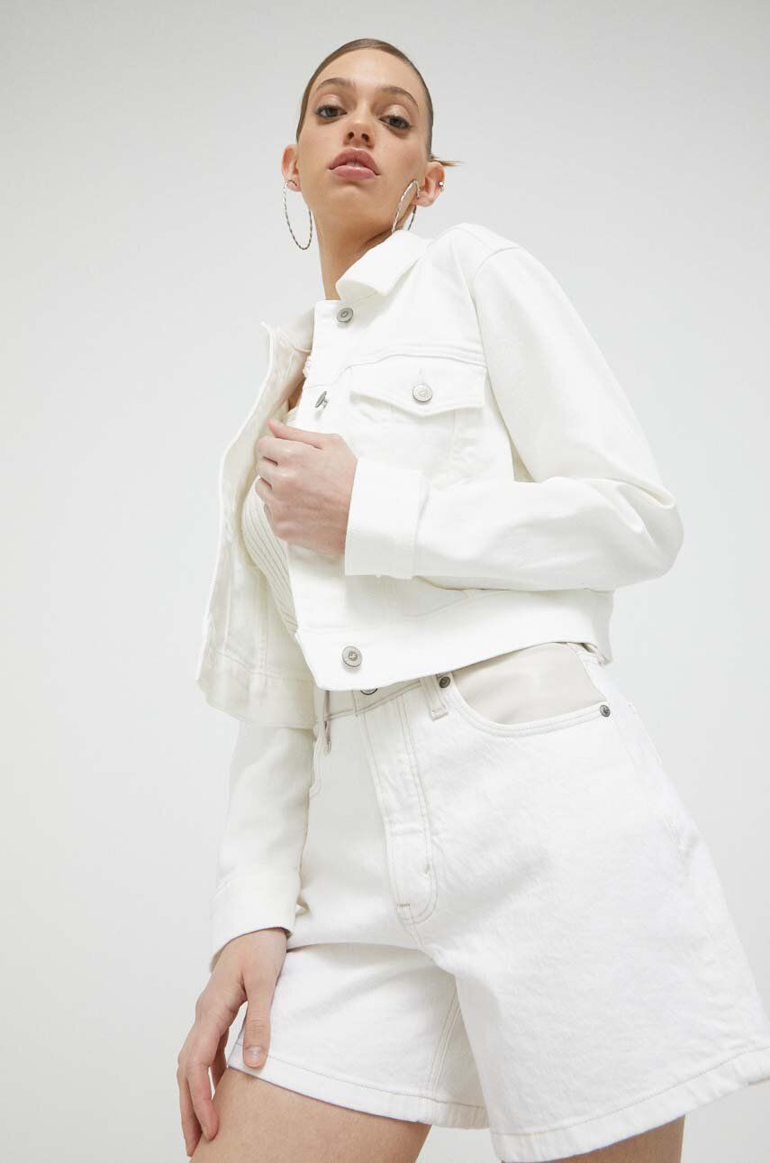 Hollister Co. geaca jeans femei, culoarea alb, de tranzitie