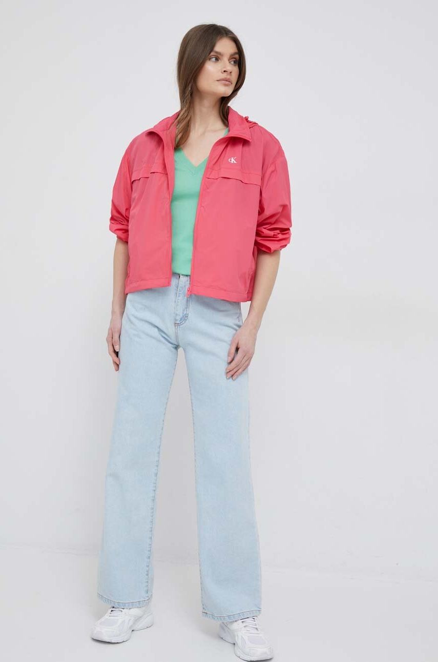 Vetrovka Calvin Klein Jeans ružová farba, prechodná