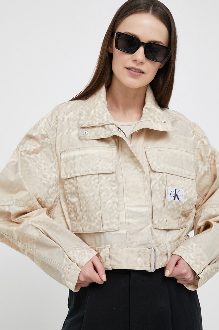Levně Bunda Calvin Klein Jeans dámská, béžová barva, přechodná