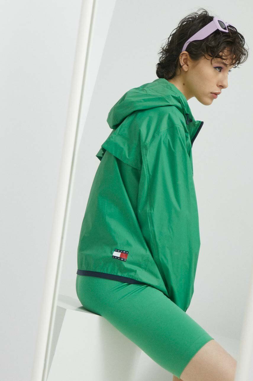 Tommy Jeans geaca femei, culoarea verde, de tranzitie, oversize
