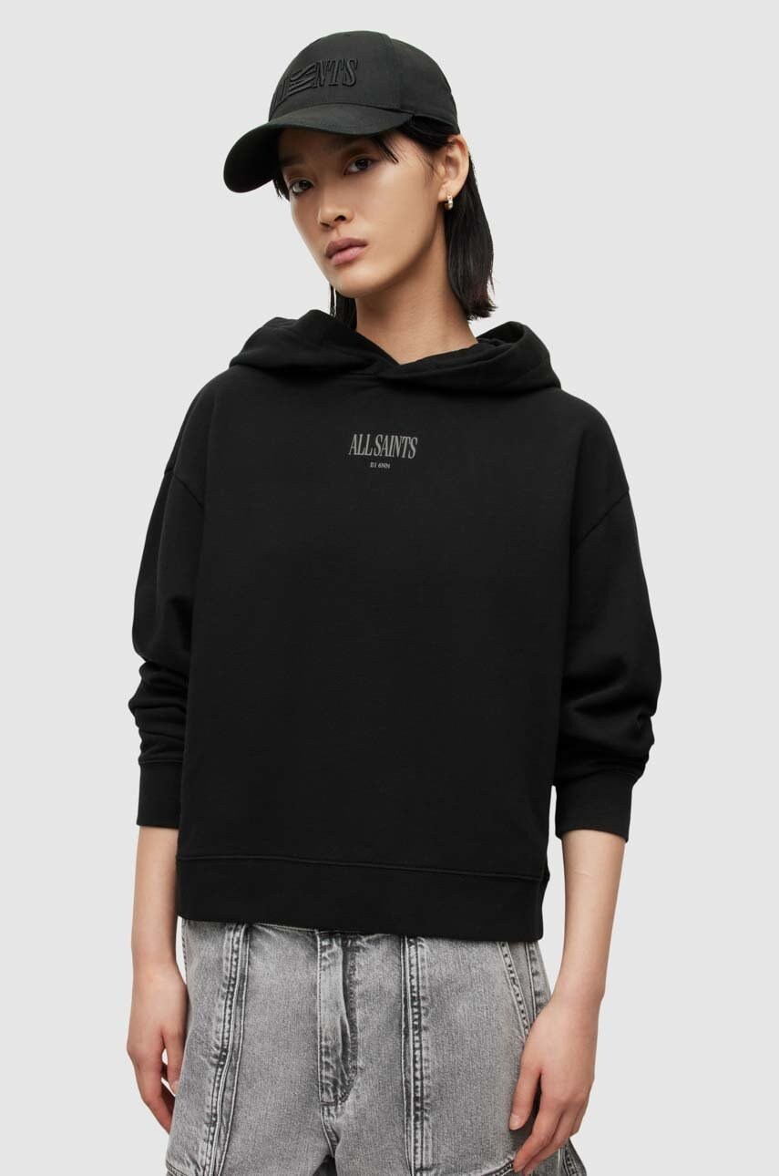 

Памучен суичър AllSaints в черно с качулка с принт, Черен