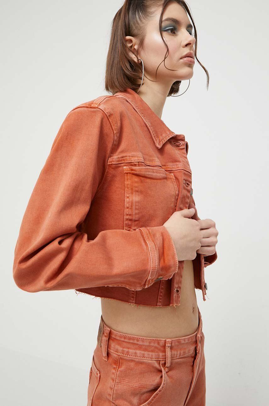 Džínová bunda Guess Originals dámská, oranžová barva, přechodná - oranžová -  99 % Bavlna