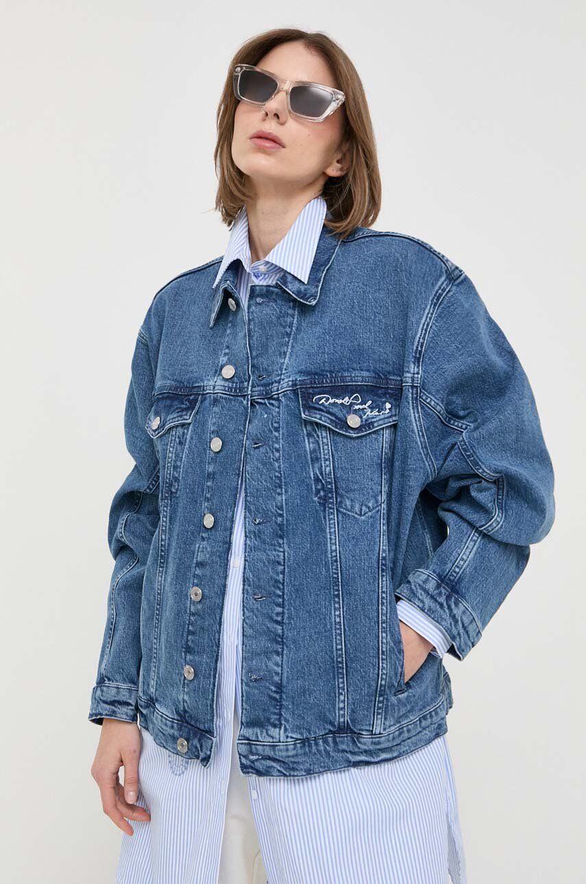 Džínová bunda Karl Lagerfeld dámská, přechodná - modrá -  99 % Bavlna