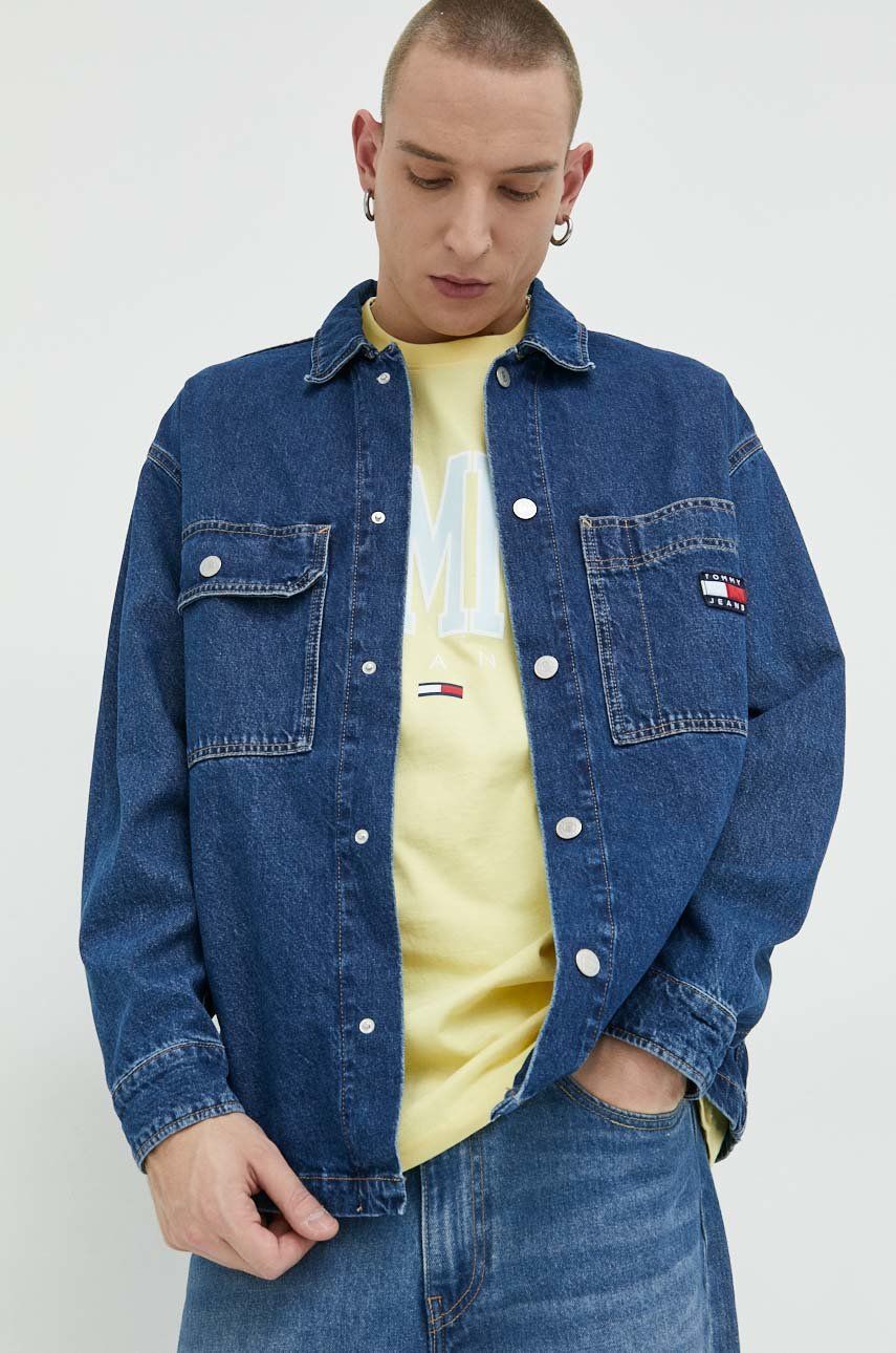 Tommy Jeans geaca jeans barbati, culoarea albastru marin, de tranzitie, oversize