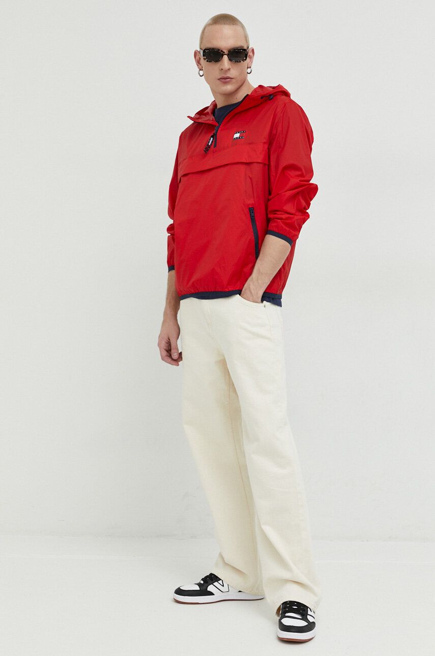 Levně Bunda Tommy Jeans pánská, červená barva, přechodná
