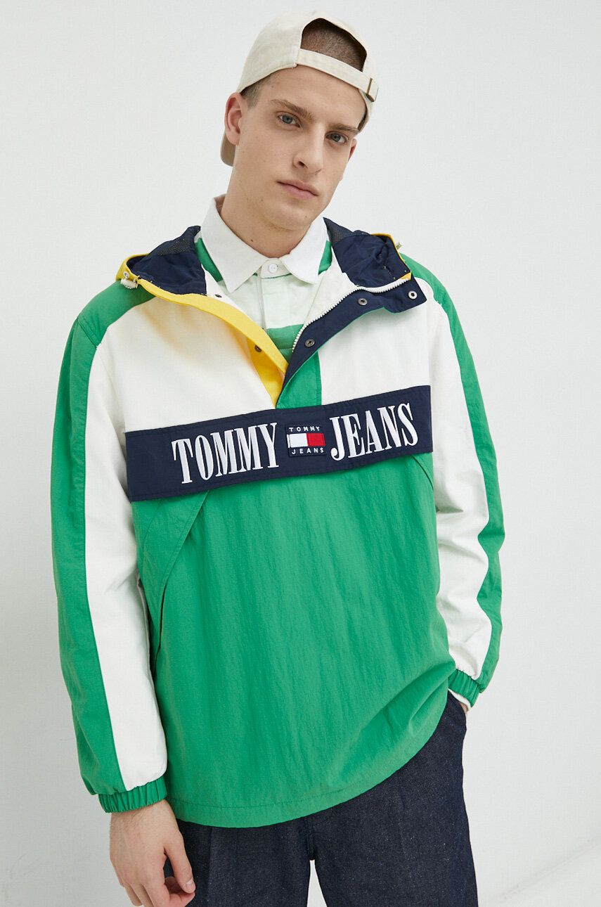 Bunda Tommy Jeans pánská, zelená barva, přechodná, oversize