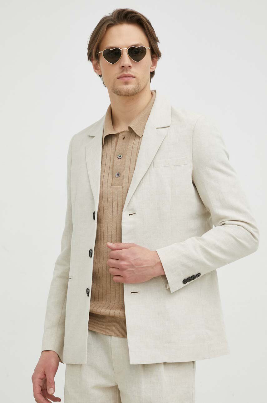Plátěná bunda Bruuns Bazaar Lino Karlo blazer béžová barva - béžová -  Hlavní materiál: 55 % Le