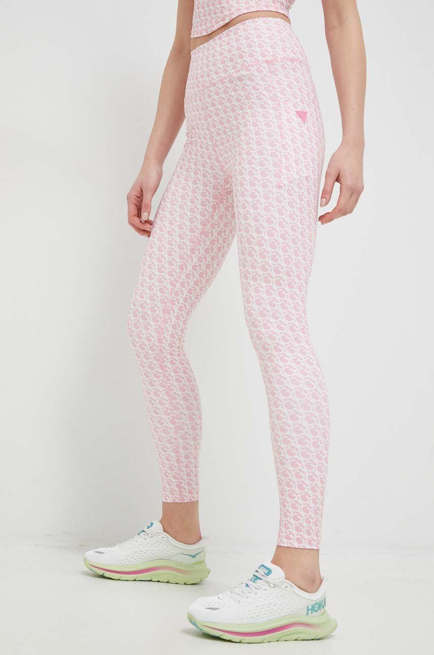 Legíny Guess dámské, růžová barva, vzorované - růžová -  77 % Polyester
