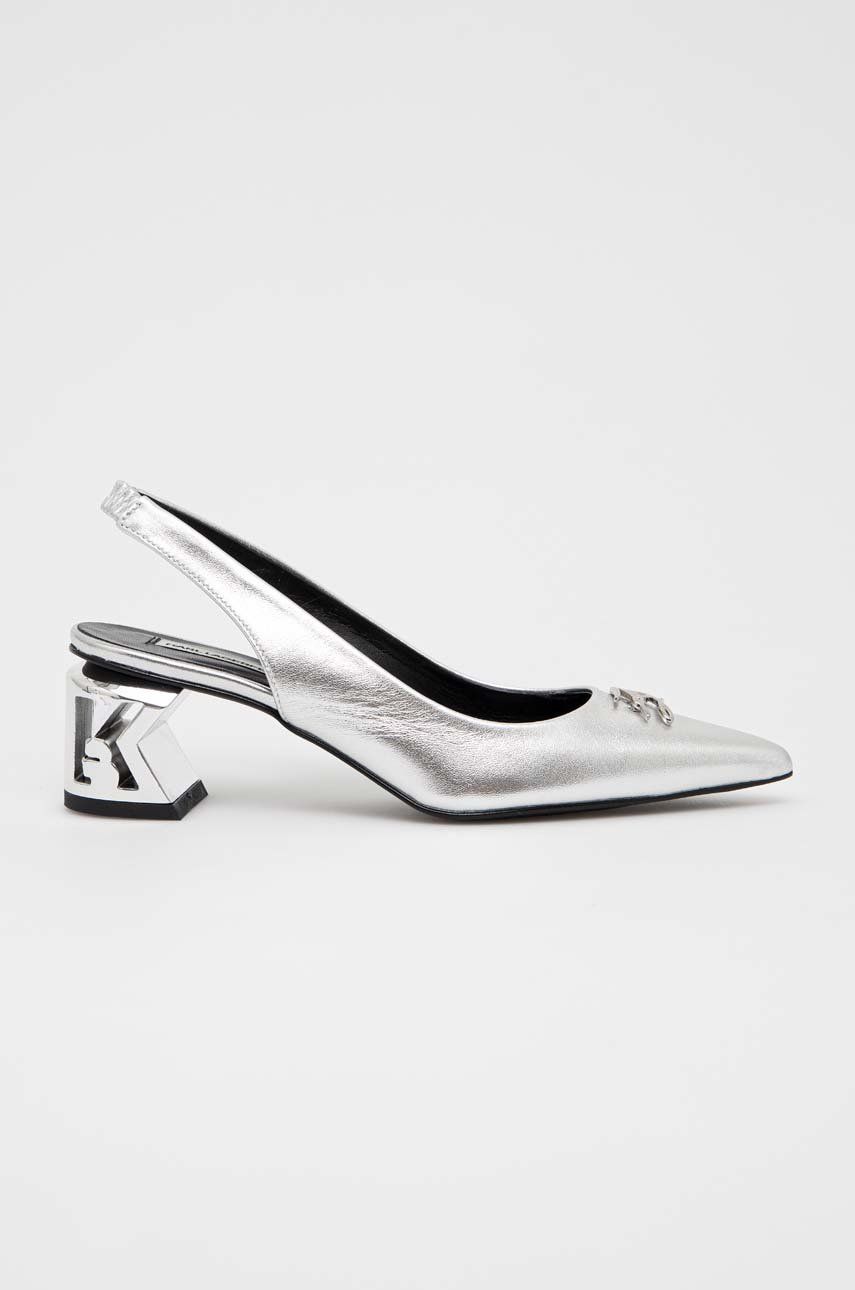 Karl Lagerfeld Pantofi De Piele K-blok Culoarea Argintiu, Pe Toc Jos, Cu Toc Deschis Kl30617
