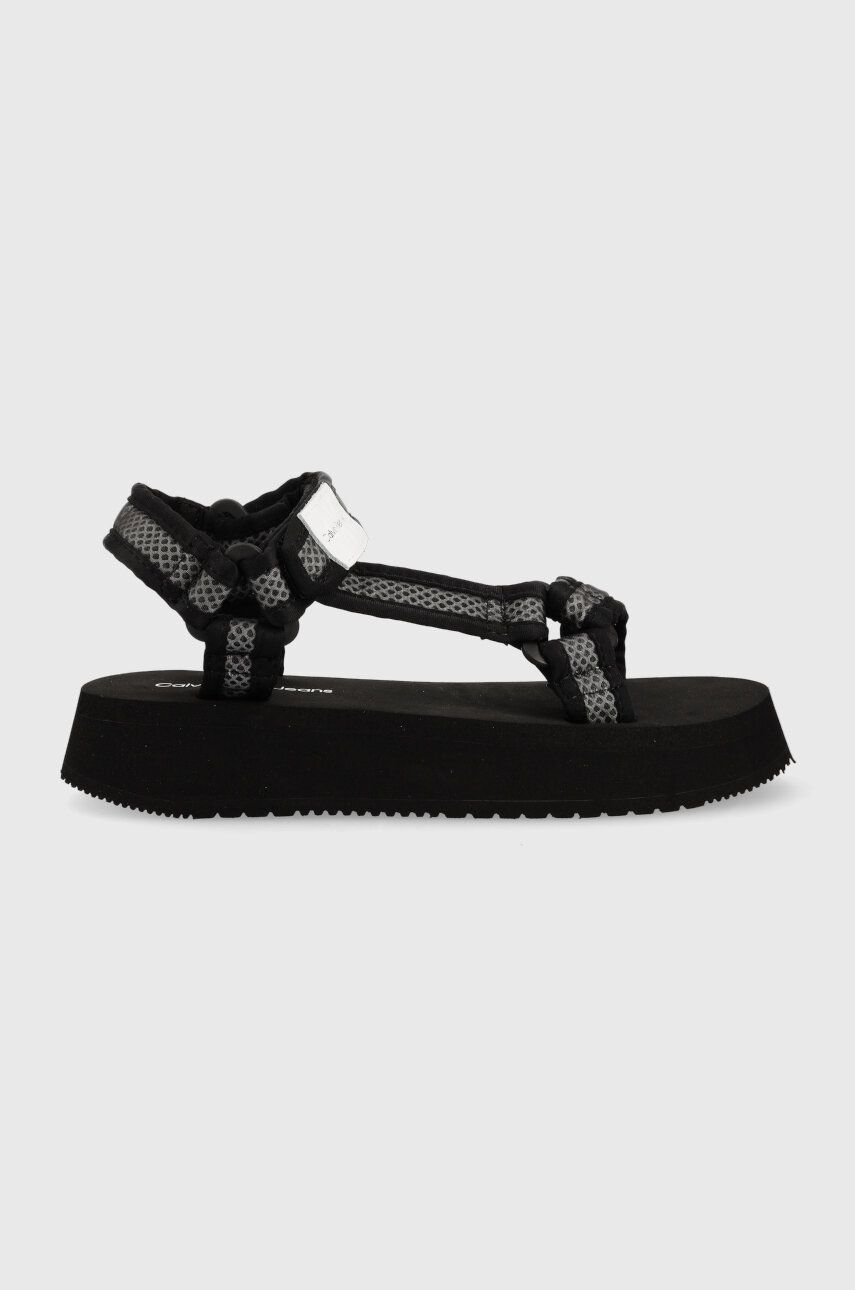 Sandály Calvin Klein Jeans PREFRESATO SANDAL WEBBING XRAY dámské, černá barva, na platformě, YW0YW00
