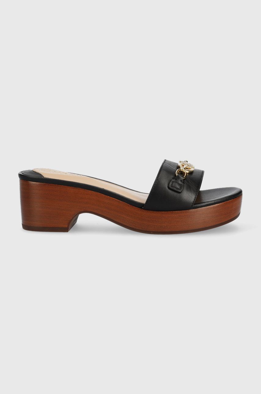 Kožené pantofle Lauren Ralph Lauren Roxanne dámské, černá barva, na platformě - černá -  Svršek