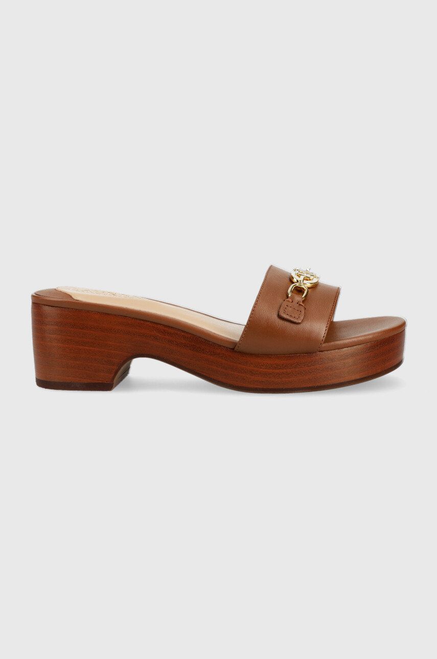 Pantofle Lauren Ralph Lauren dámské, hnědá barva, na podpatku - hnědá -  Svršek: Přírodní kůže
