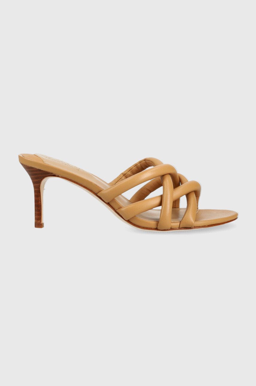 E-shop Kožené pantofle Lauren Ralph Lauren 802891403002 dámské, béžová barva, na podpatku