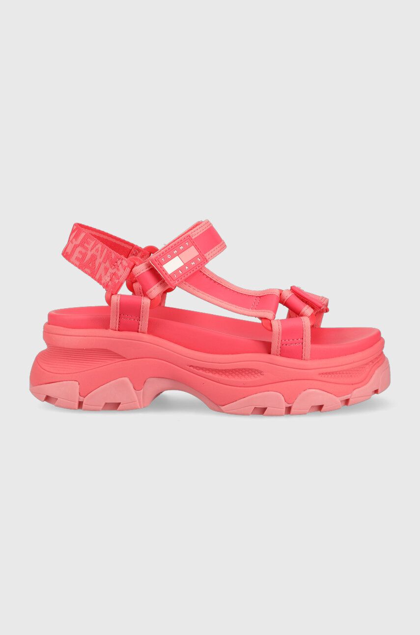 Tommy Jeans sandale WEBBING HYRBID SANDAL femei, culoarea roz, cu platforma, EN0EN02074
