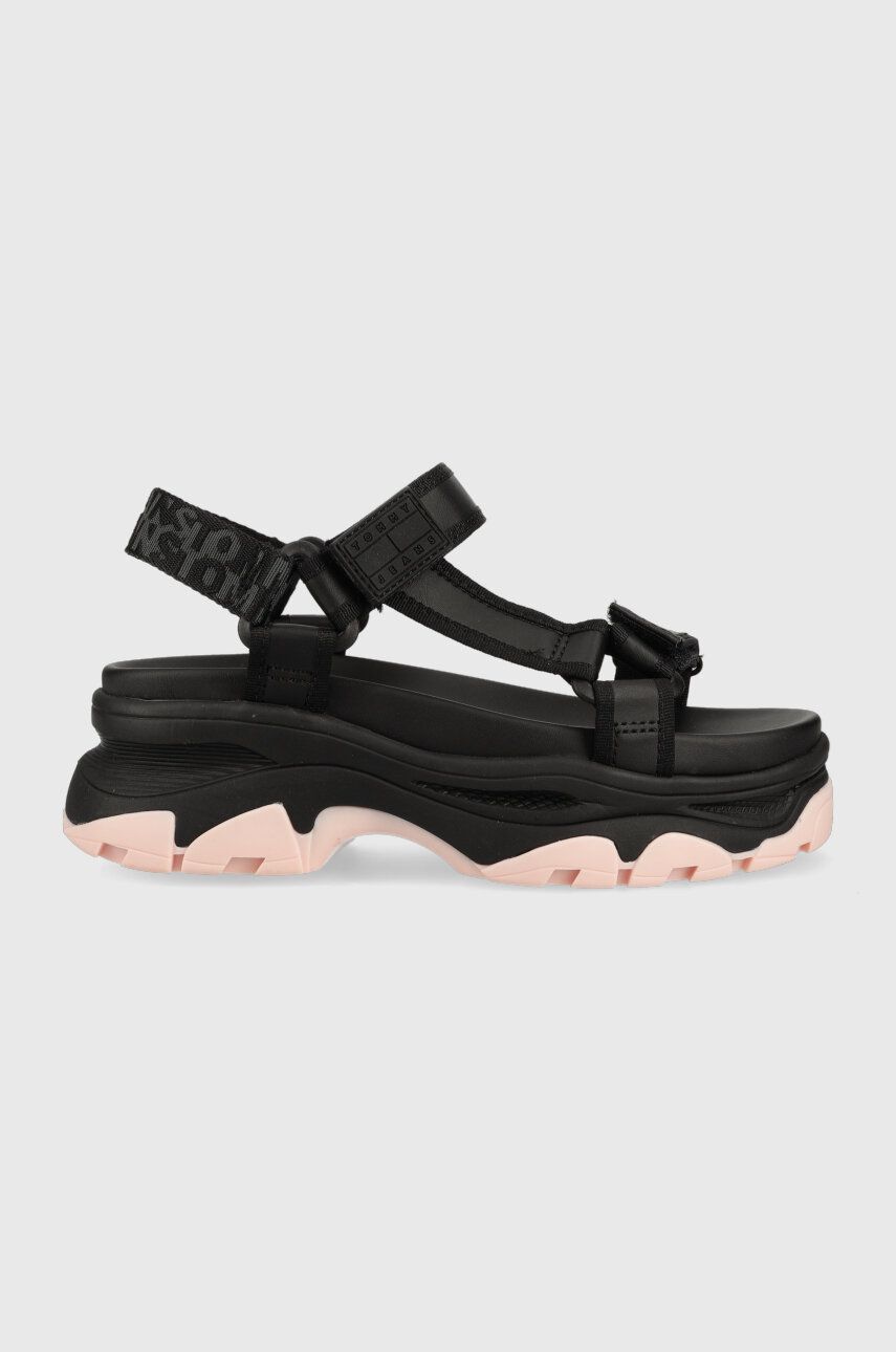 Tommy Jeans sandale WEBBING HYRBID SANDAL femei, culoarea negru, cu platforma, EN0EN02074