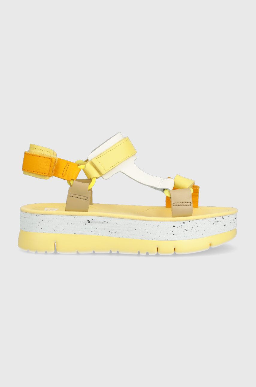 Camper sandale de piele Oruga Up femei, culoarea galben, cu platforma