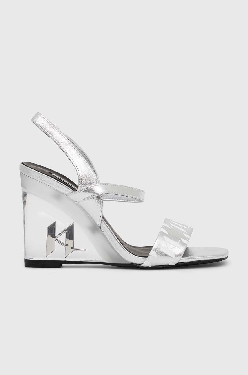 Kožené sandály Karl Lagerfeld ICE WEDGE stříbrná barva, KL34610 - stříbrná -  Svršek: Přírodní 