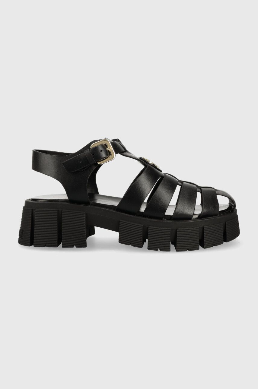 Love Moschino sandale de piele femei, culoarea negru, cu platforma, JA16226G0GIA0000