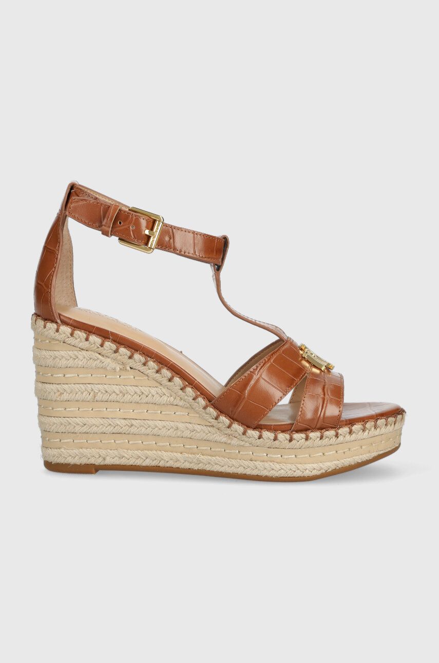 Levně Kožené sandály Lauren Ralph Lauren Hale II dámské, hnědá barva, na klínku