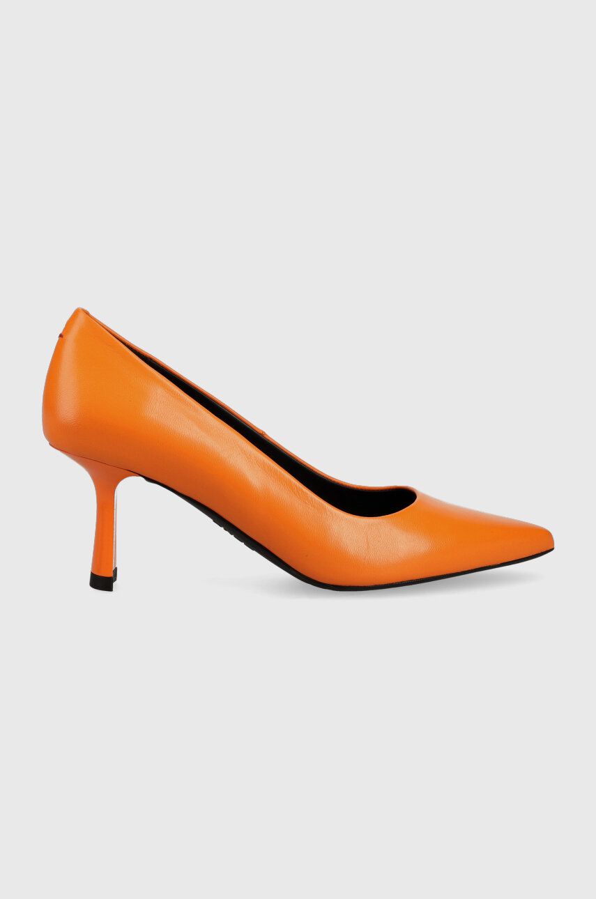 Kožené lodičky HUGO Alexis oranžová barva, na podpatku, 50487920 - oranžová -  Svršek: Přírodní