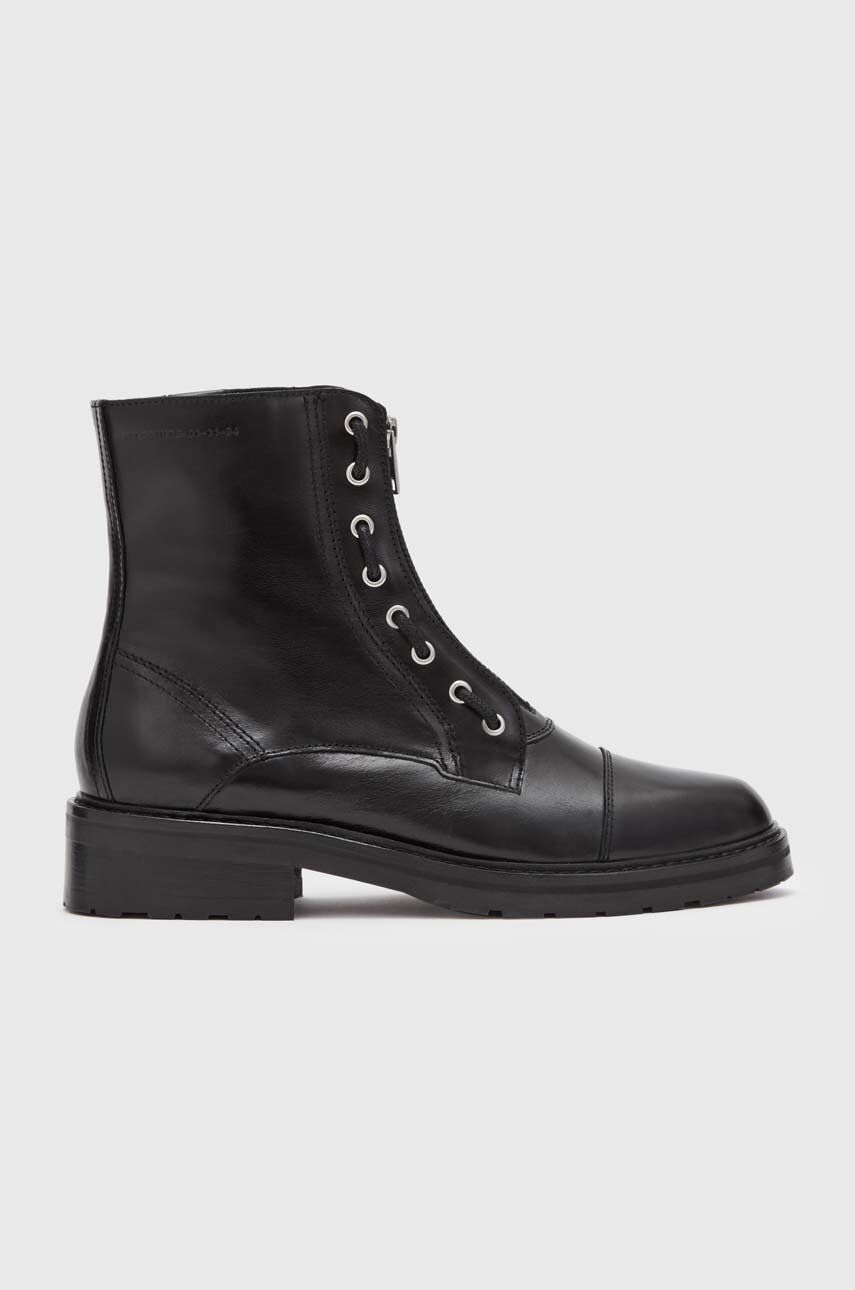Kožené kotníkové boty AllSaints ALARIA dámské, černá barva, na plochém podpatku, WF0047Z - černá - 