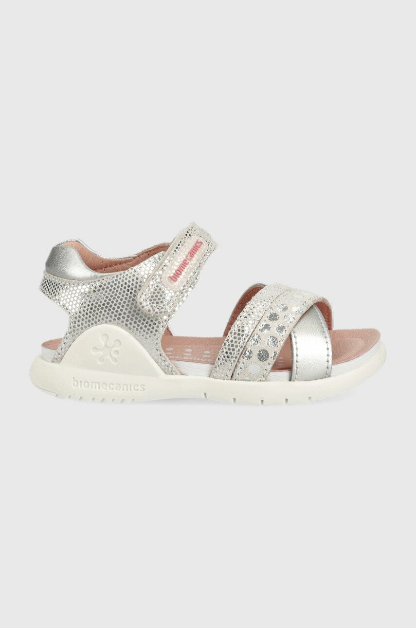 E-shop Dětské kožené sandály Biomecanics stříbrná barva