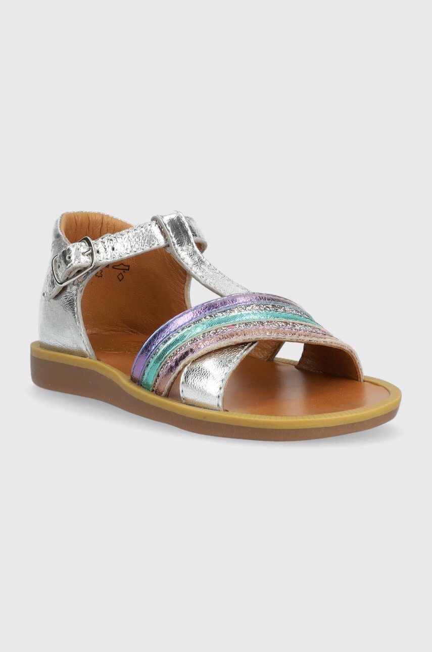 Детские кожаные сандалии Pom D'api цвет серебрянный Детские кожаные сандалии Pom D'api цвет серебрянный