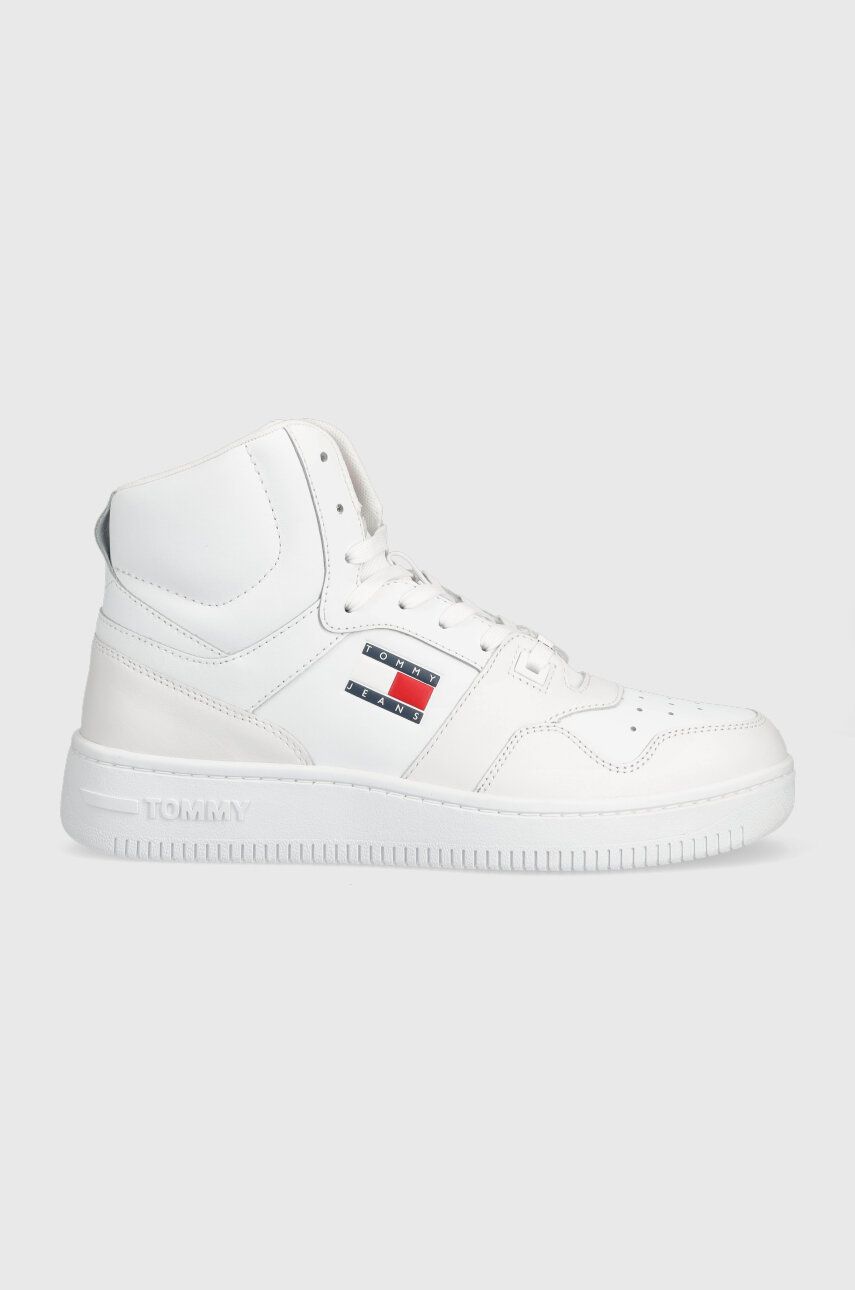 Tommy Jeans sneakers din piele MID CUT BASKET culoarea alb, EM0EM01164 Alb imagine noua
