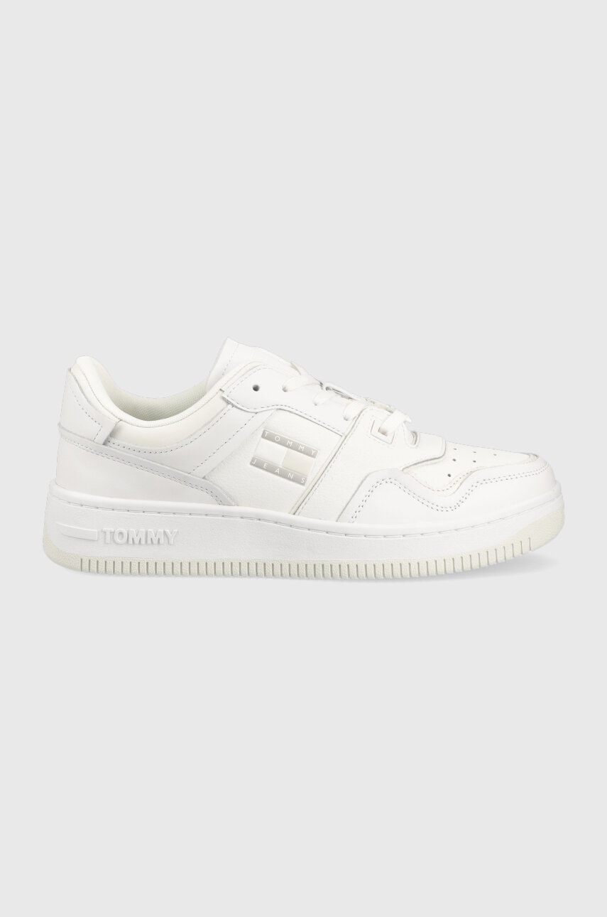 Levně Kožené sneakers boty Tommy Jeans BASKET CUPSOLE bílá barva, EM0EM01194