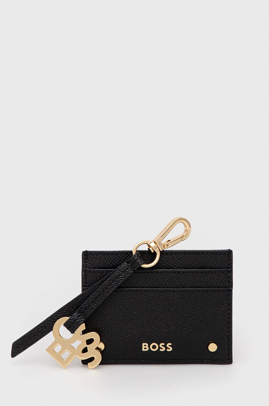 Boss card holder din piele si breloc femei, culoarea negru