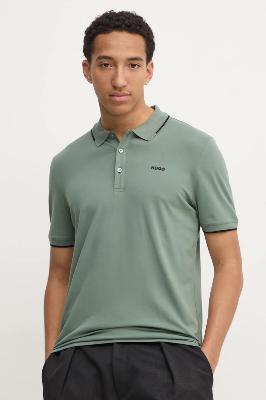 HUGO tricou polo barbati, culoarea verde, neted