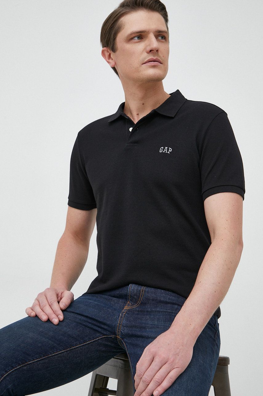 Bavlnené polo tričko GAP čierna farba, jednofarebné