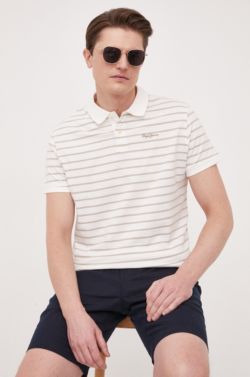 

Памучна тениска с яка Pepe Jeans в бежово с десен, Бежов