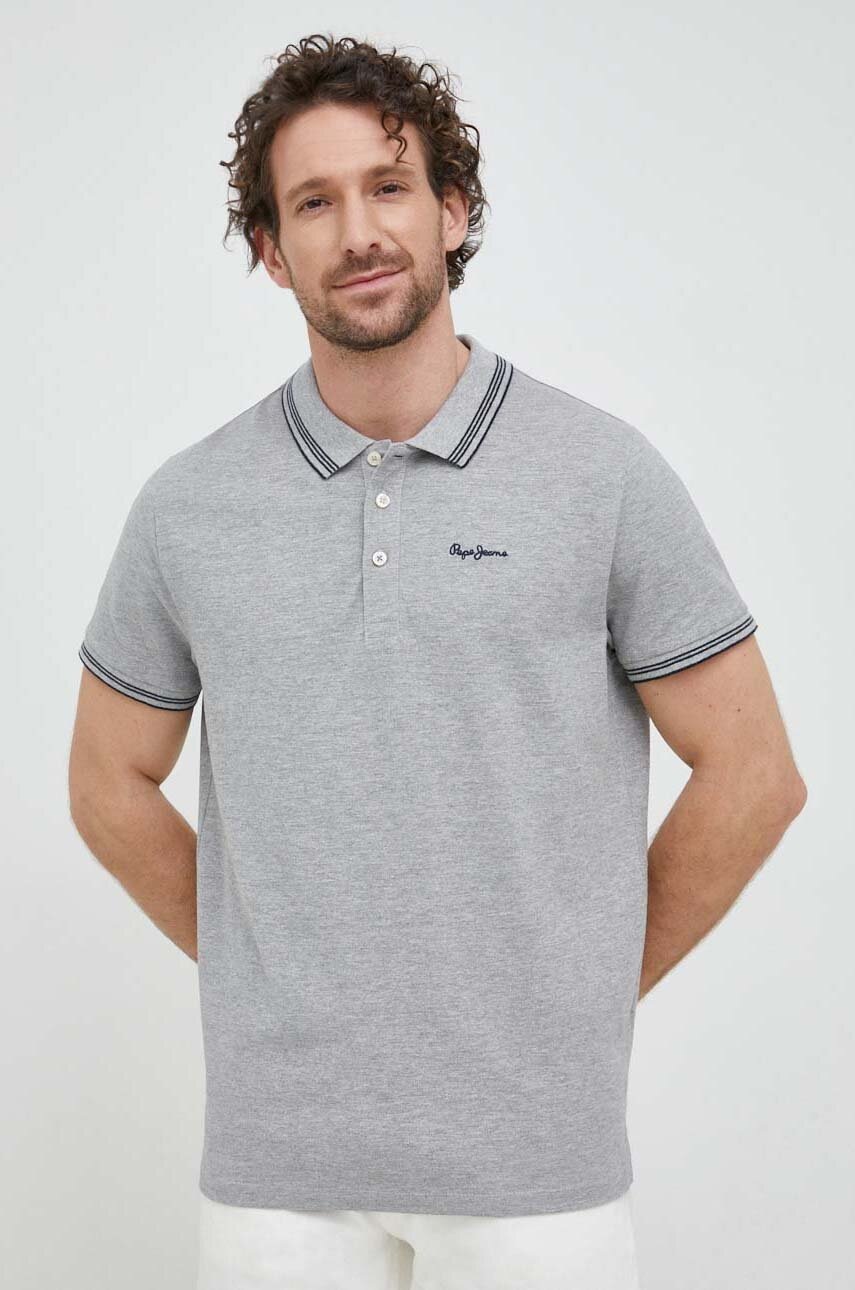 

Тениска с яка Pepe Jeans Jett в сиво меланж на, Сив