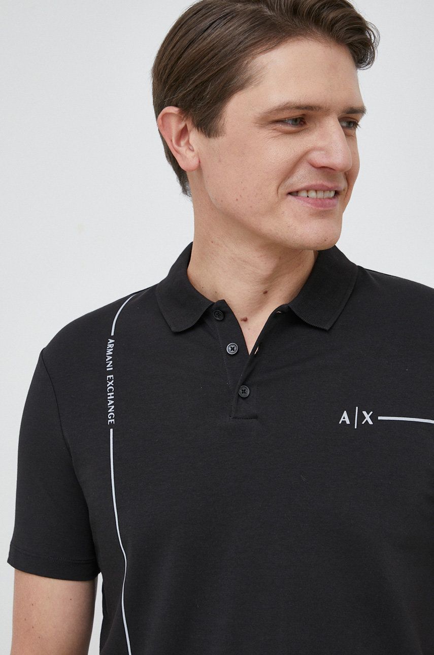 Armani Exchange tricou polo barbati, culoarea negru, cu imprimeu
