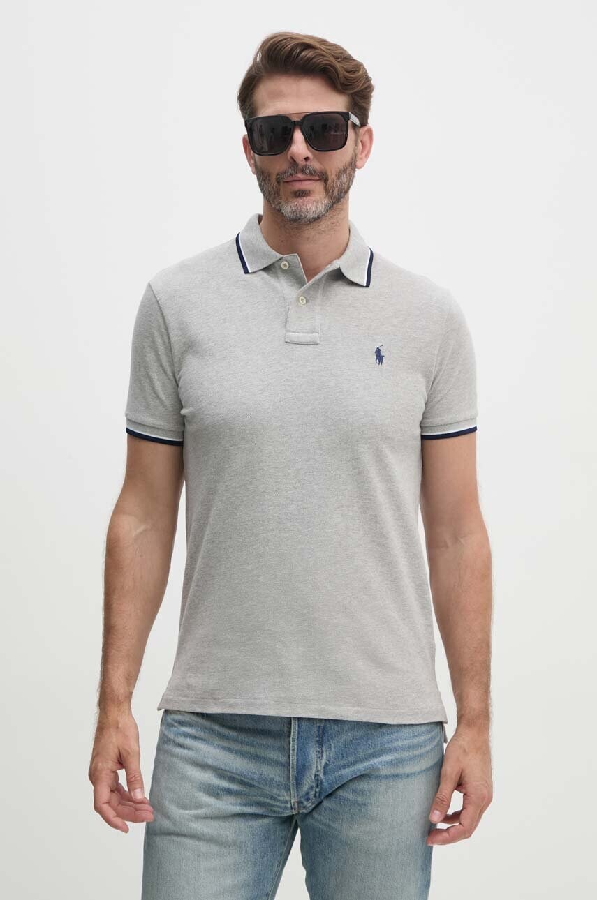 

Памучна тениска с яка Polo Ralph Lauren в сиво с изчистен дизайн, Сив