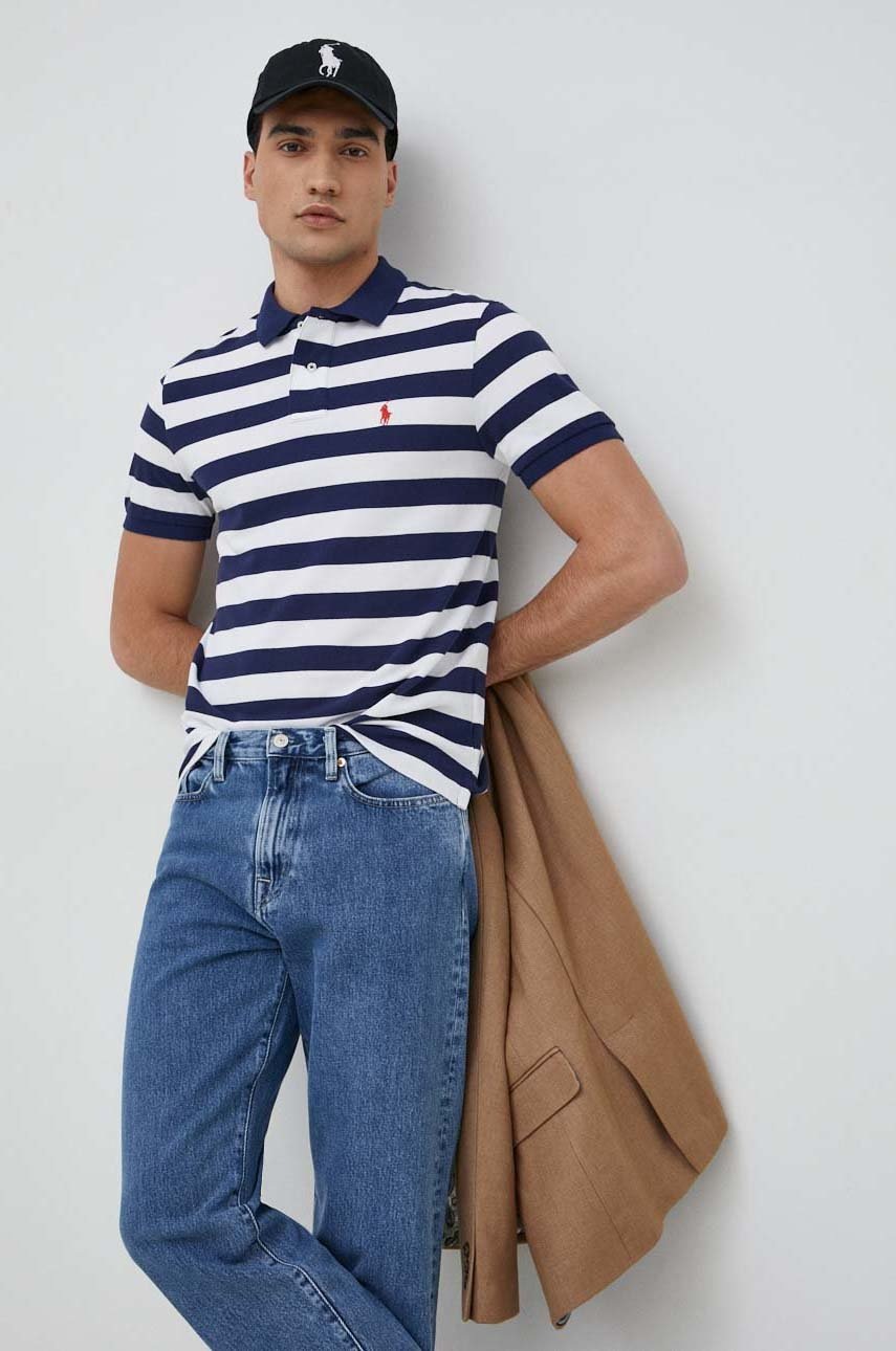 

Памучна тениска с яка Polo Ralph Lauren в тъмносиньо с десен, Тъмносин