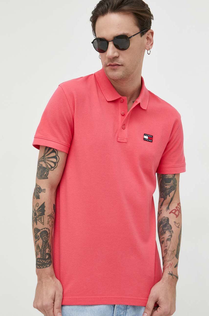 Bavlněné polo tričko Tommy Jeans růžová barva, s aplikací - růžová -  100 % Bavlna