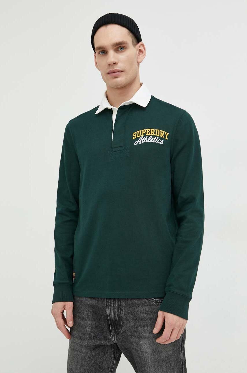 

Бавовняний лонгслів Superdry колір зелений з аплікацією
