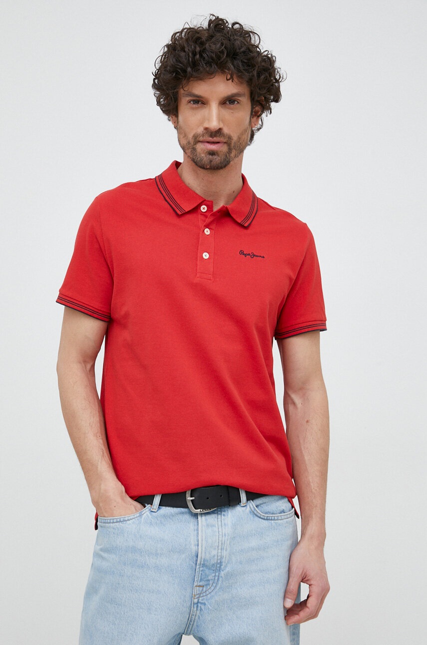 

Памучна тениска с яка Pepe Jeans Jett в червено с изчистен дизайн, Червен