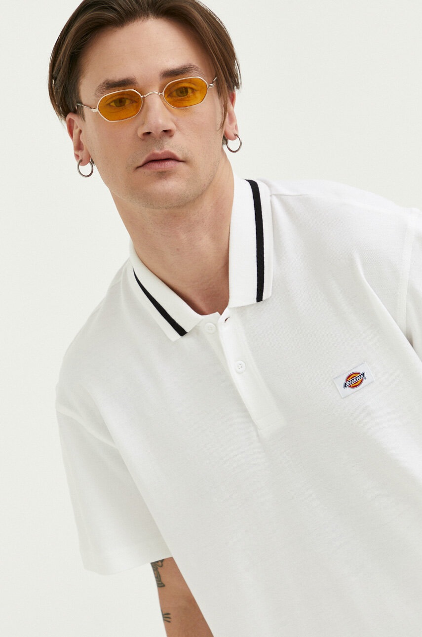 

Памучна тениска с яка Dickies в бяло с апликация, Бял