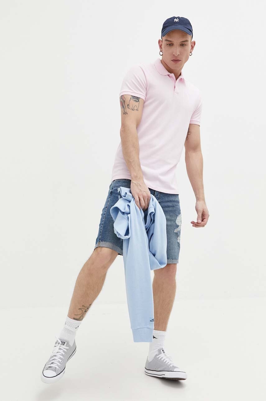 

Тениска с яка Hollister Co. в розово с изчистен дизайн, Розов