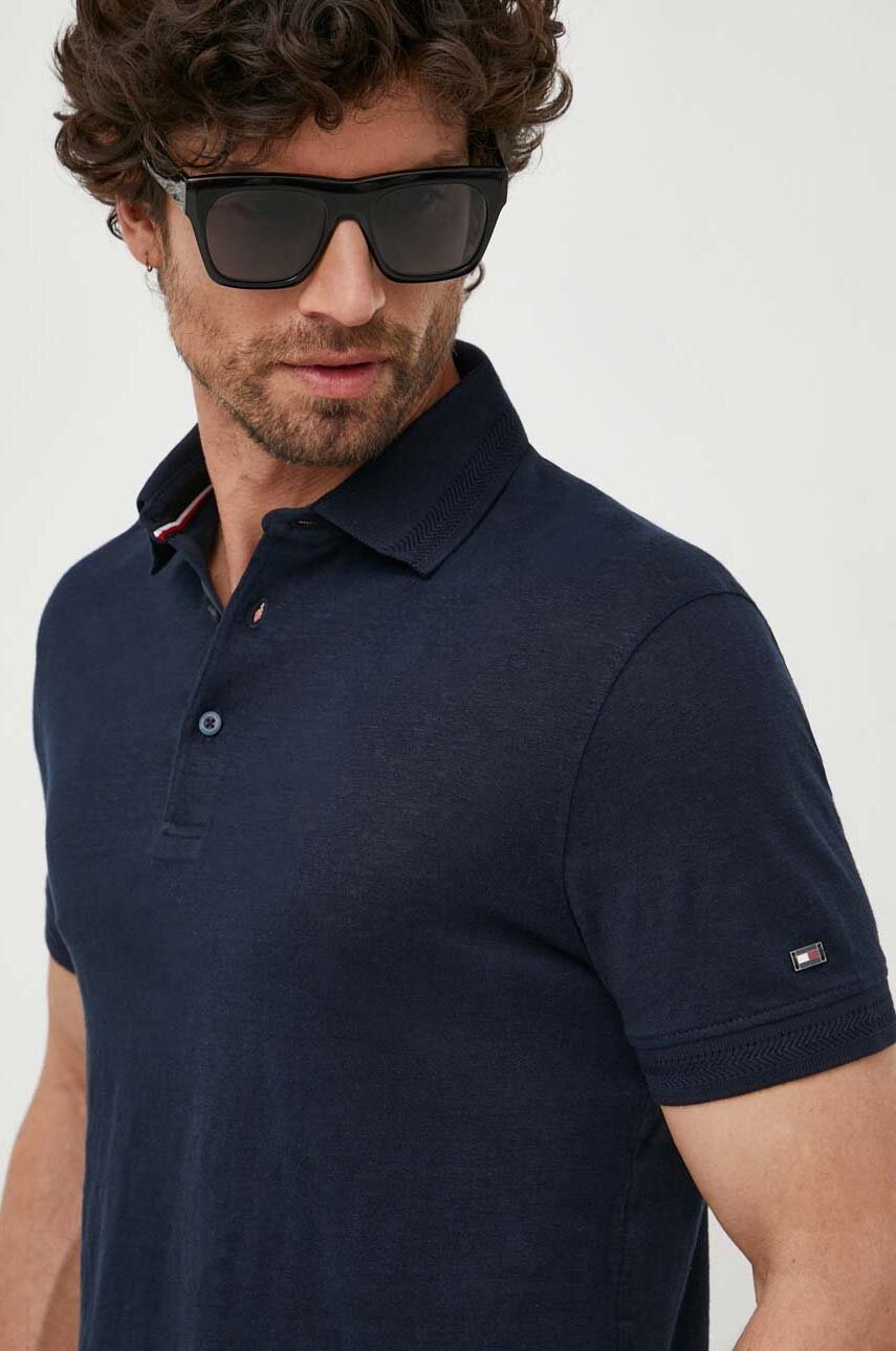 

Льняное поло Tommy Hilfiger цвет синий однотонный