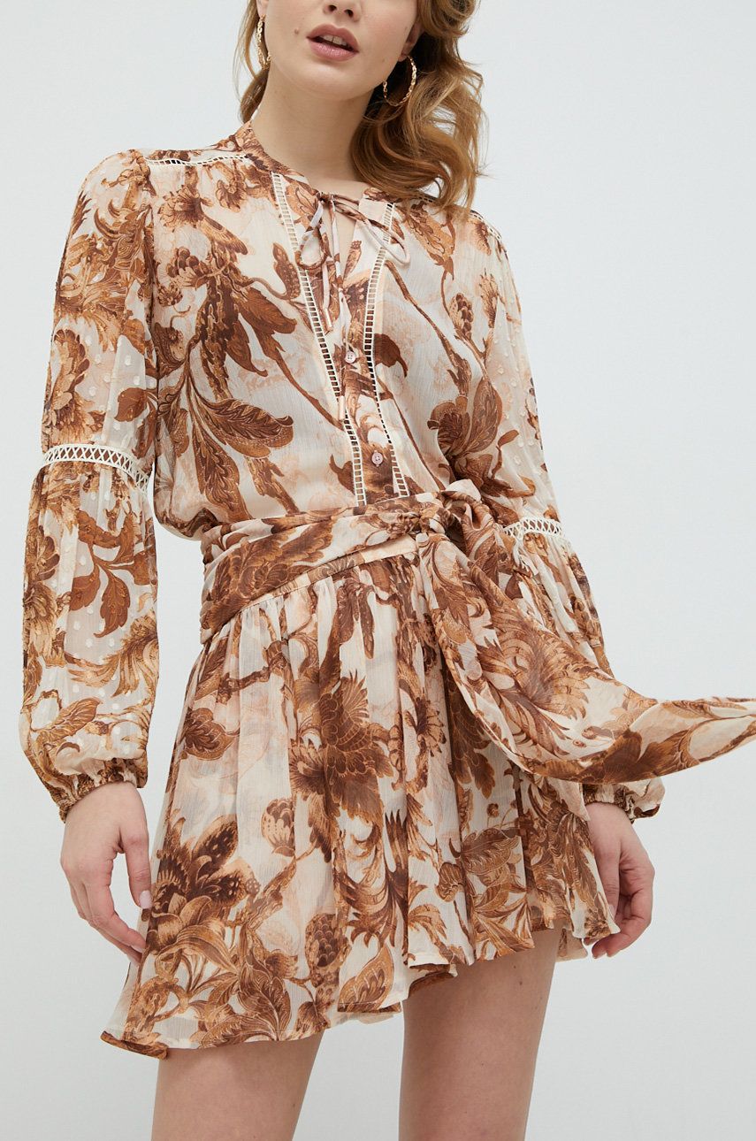 Sukně Guess hnědá barva, mini, áčková - hnědá -  Hlavní materiál: 100 % Polyester Podšívka