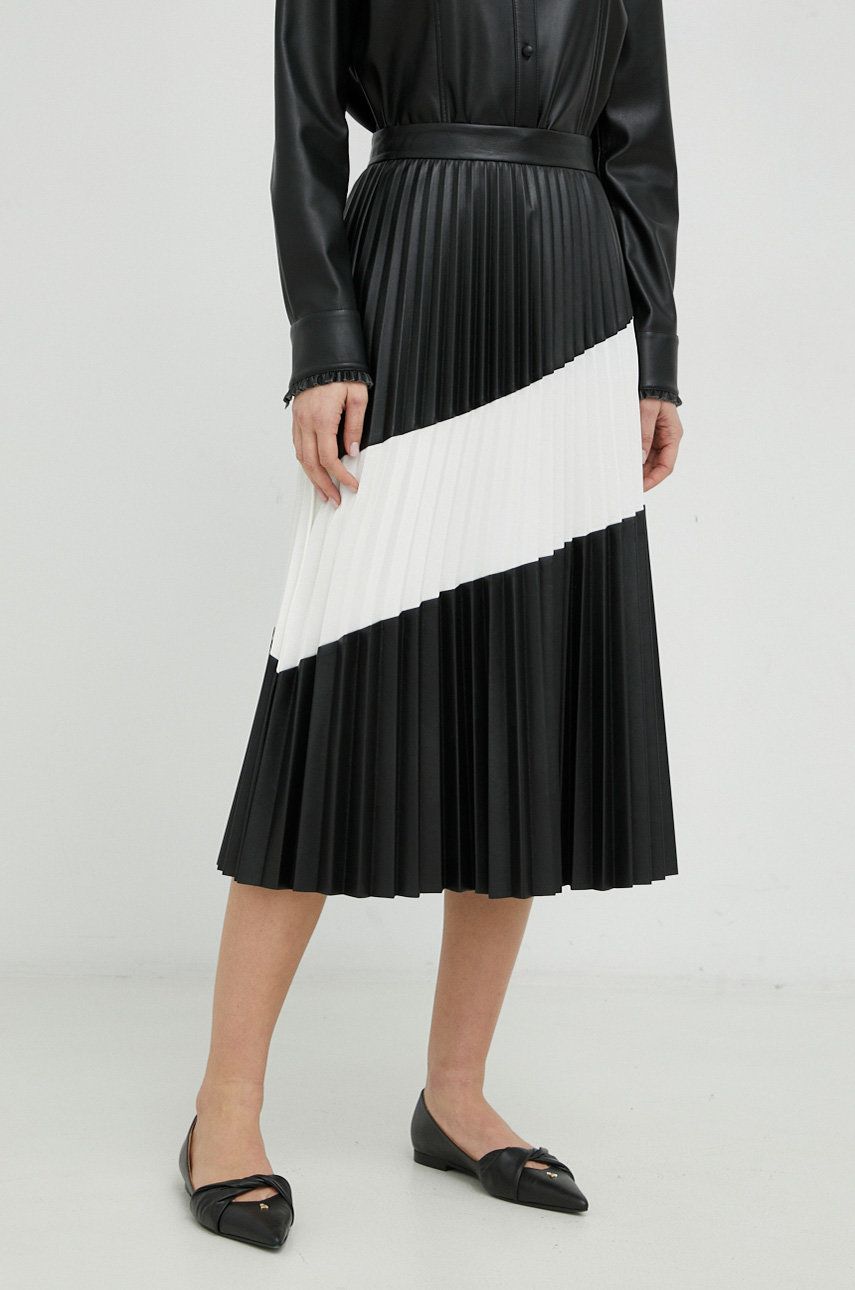 Sukně BOSS černá barva, midi, áčková - černá -  Materiál č. 1: 100 % Recyklovaný polyester