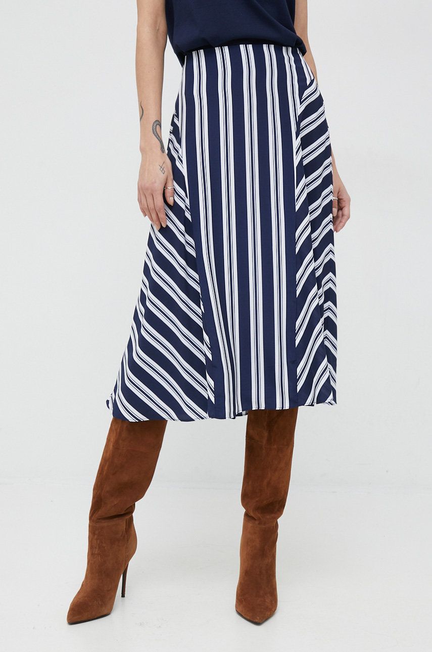 Sukně Lauren Ralph Lauren tmavomodrá barva, midi, áčková - námořnická modř -  100 % Recyklovaný