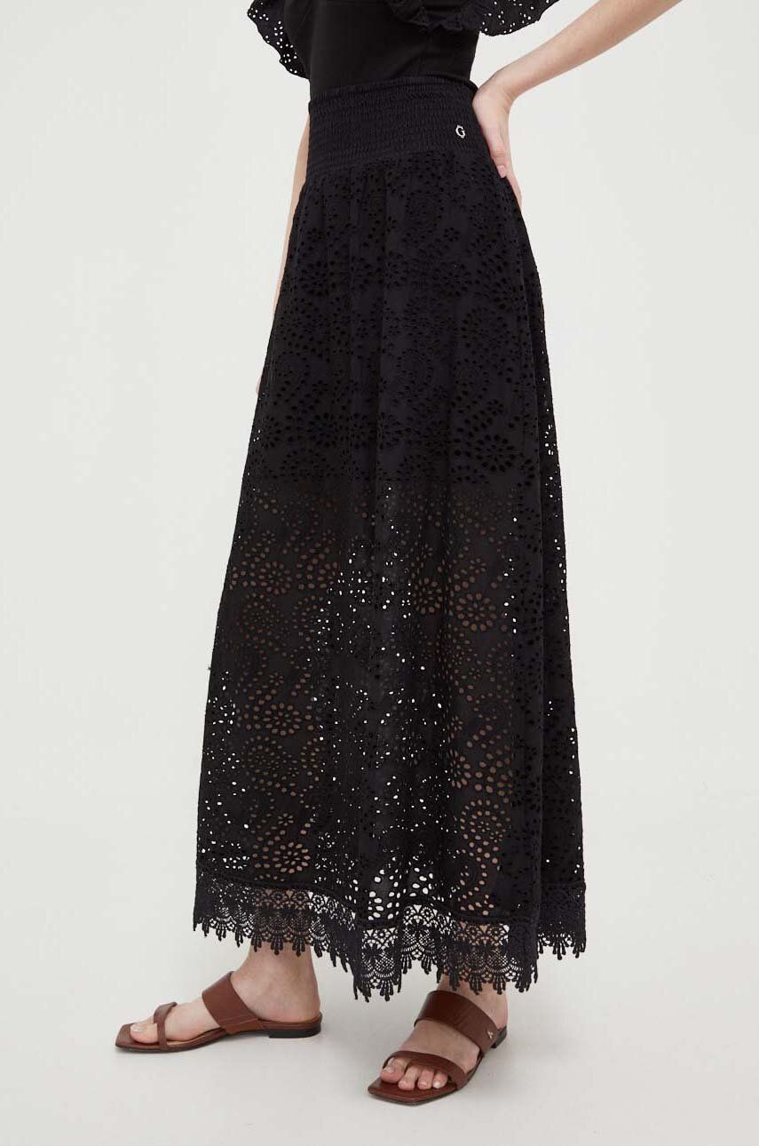 Bavlněná sukně Guess černá barva, maxi, áčková - černá -  100 % Bavlna